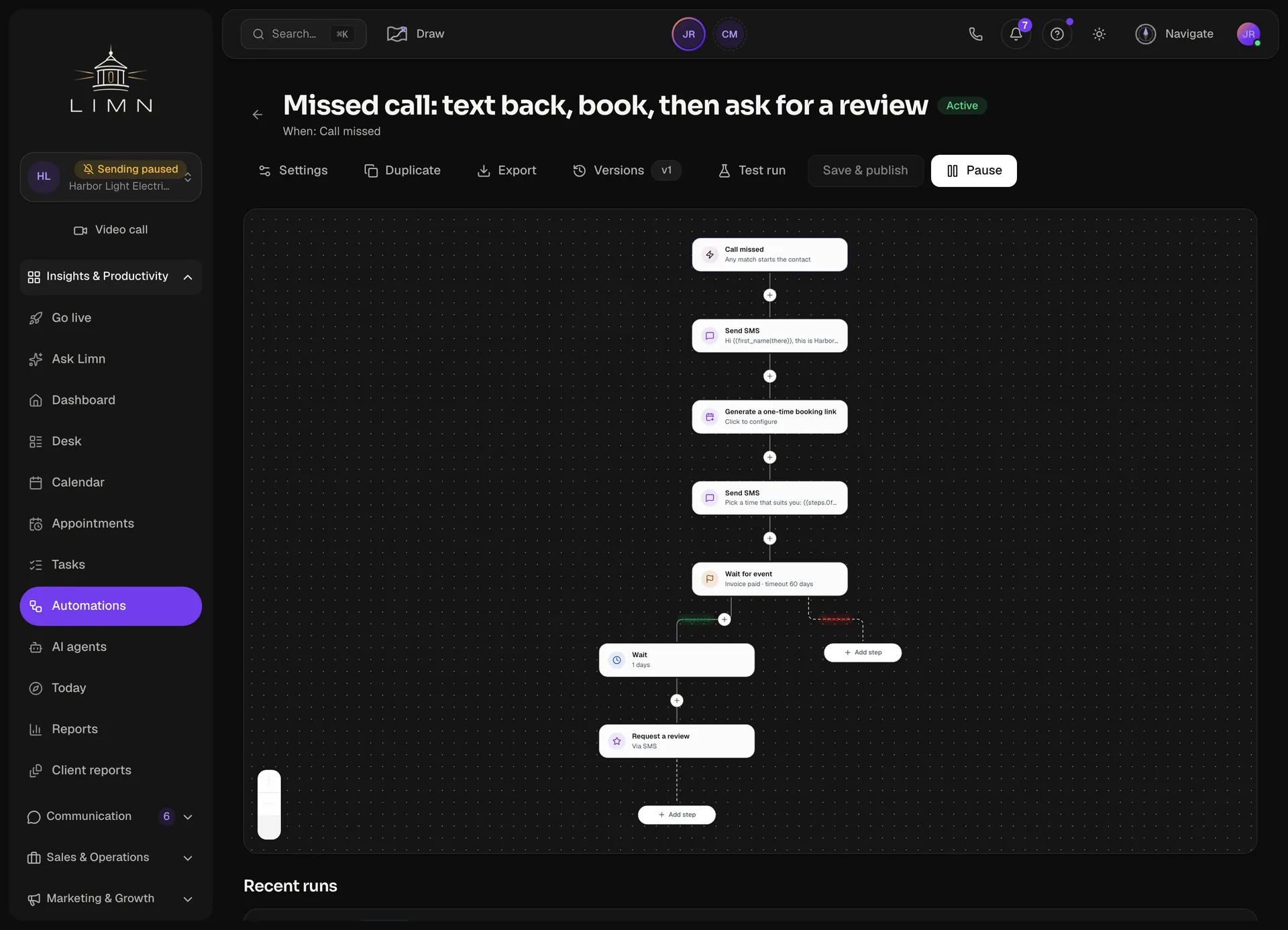 The automation builder showing a seven-step workflow