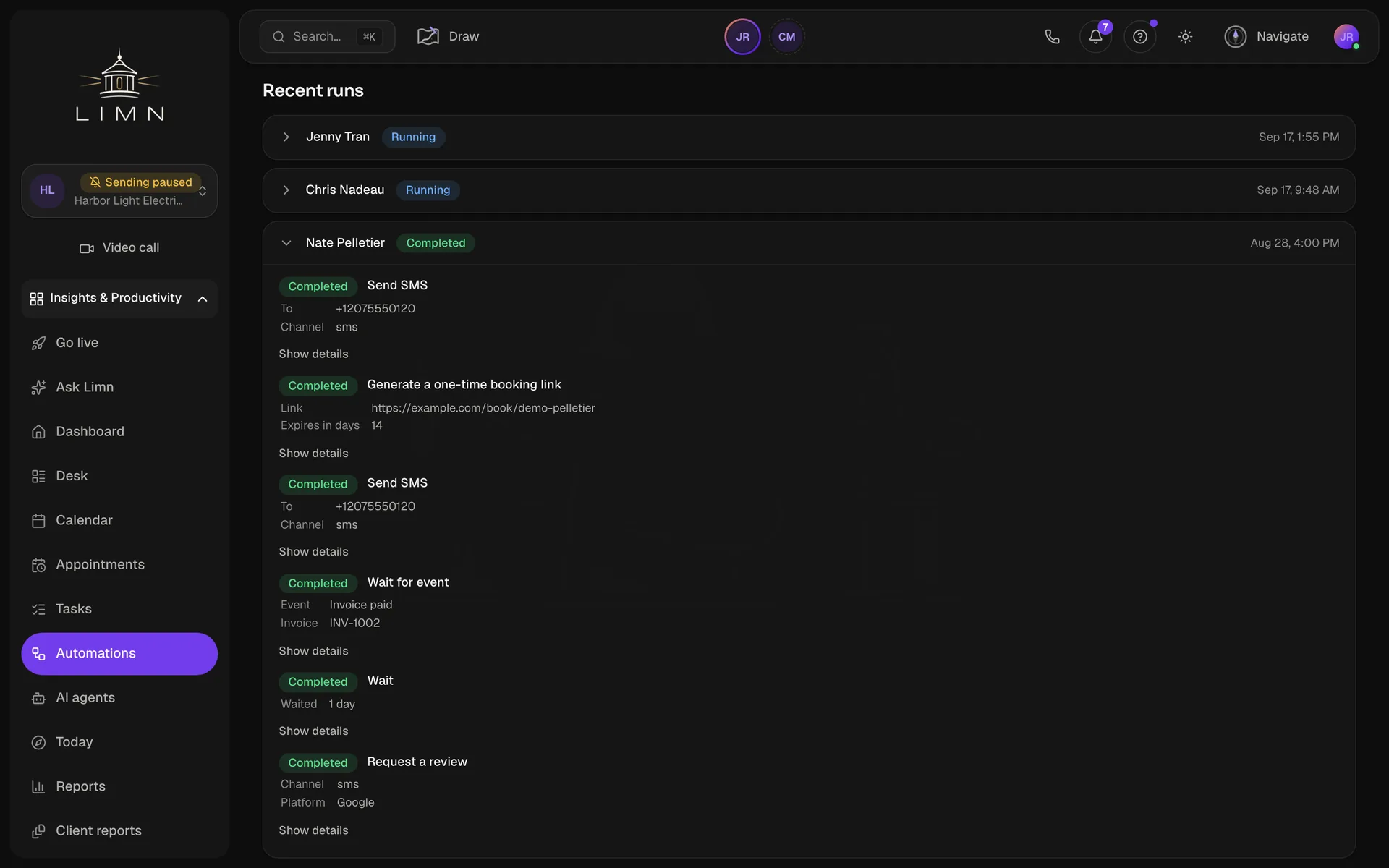 The run history of a workflow, one run expanded to its steps