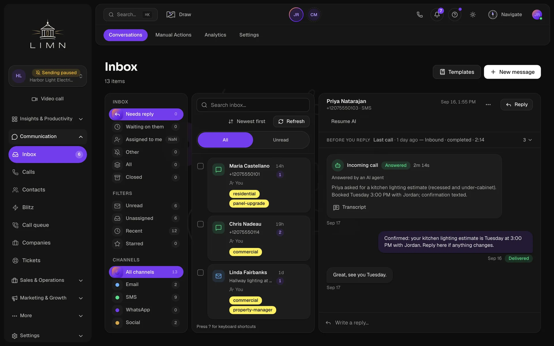 The inbox, open on an incoming call the AI line answered, with its summary and a transcript