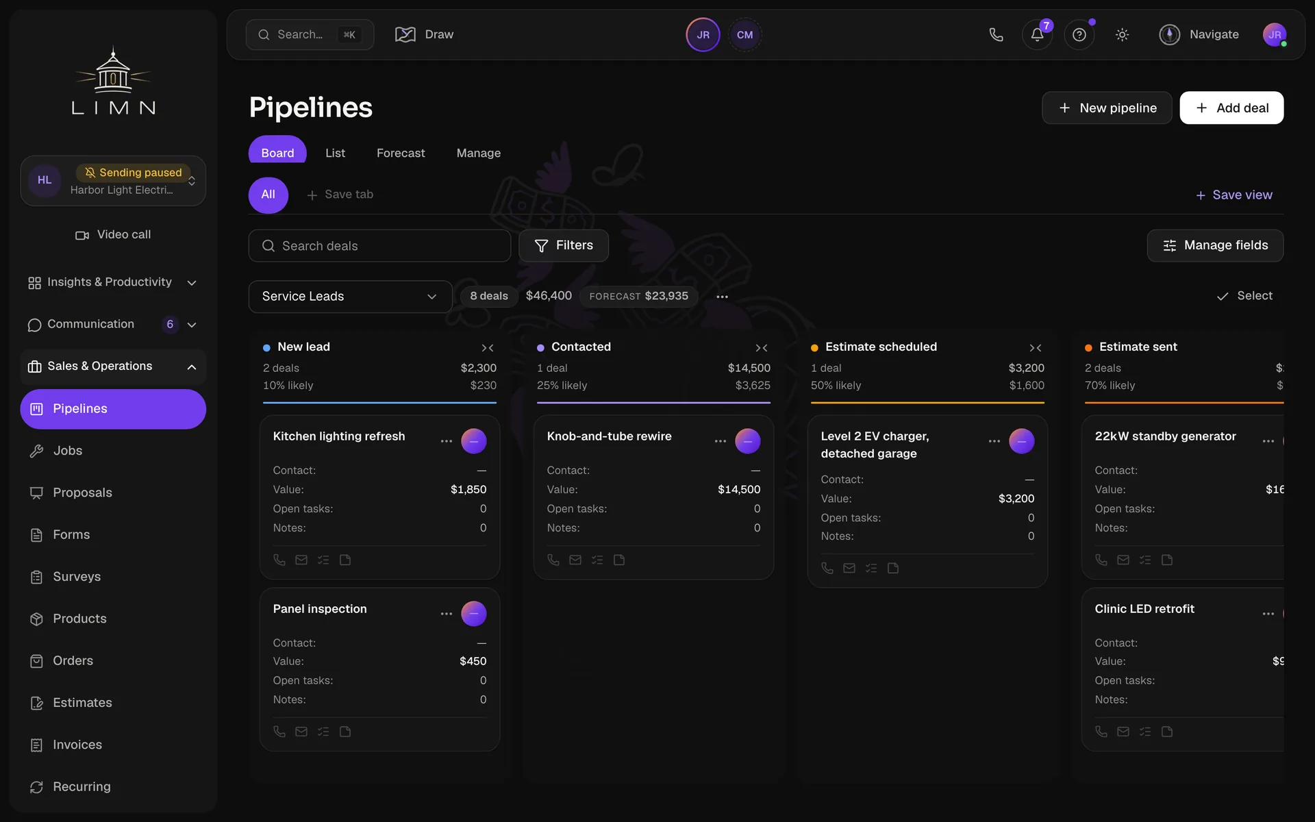 The pipeline board with deals in every stage